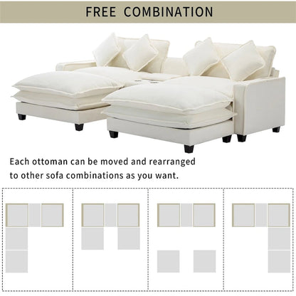 112.6  Chenille Upholstered Sectional Sofa with 2 Removable Ottoman