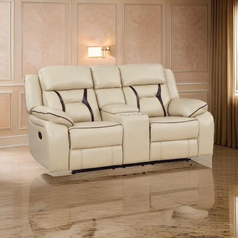 Millie 76 Inch Manual Dual Recliner Loveseat, Cupholder, Beige Faux Leather