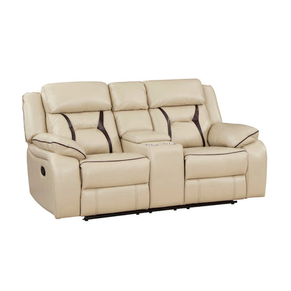 Millie 76 Inch Manual Dual Recliner Loveseat, Cupholder, Beige Faux Leather
