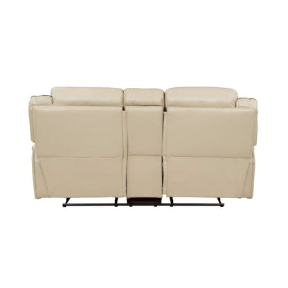 Millie 76 Inch Manual Dual Recliner Loveseat, Cupholder, Beige Faux Leather