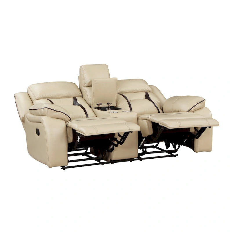 Millie 76 Inch Manual Dual Recliner Loveseat, Cupholder, Beige Faux Leather