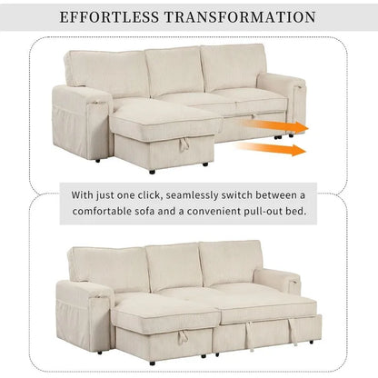 Upholstery Sleeper Sectional Sofa with Storage Bags and 2 Cup Holders on Arms