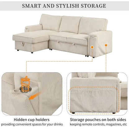 Upholstery Sleeper Sectional Sofa with Storage Bags and 2 Cup Holders on Arms