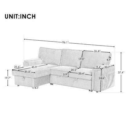 Upholstery Sleeper Sectional Sofa with Storage Bags and 2 Cup Holders on Arms