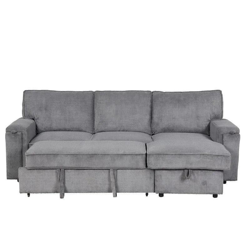 Upholstery Sleeper Sectional Sofa with Storage Bags and 2 Cup Holders on Arms