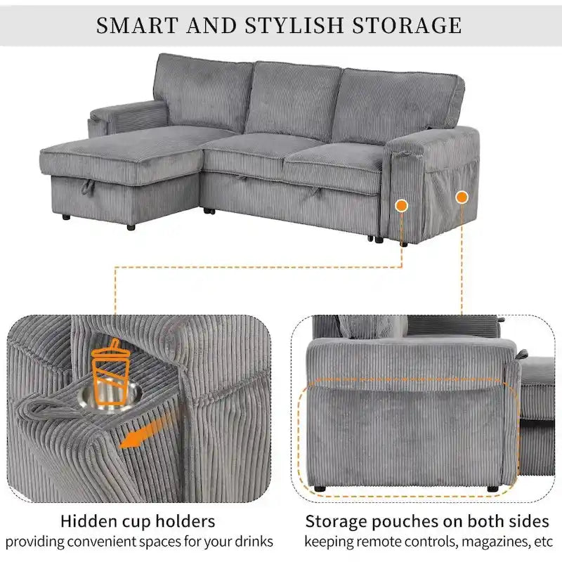 Upholstery Sleeper Sectional Sofa with Storage Bags and 2 Cup Holders on Arms
