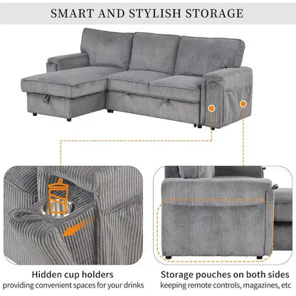 Upholstery Sleeper Sectional Sofa with Storage Bags and 2 Cup Holders on Arms