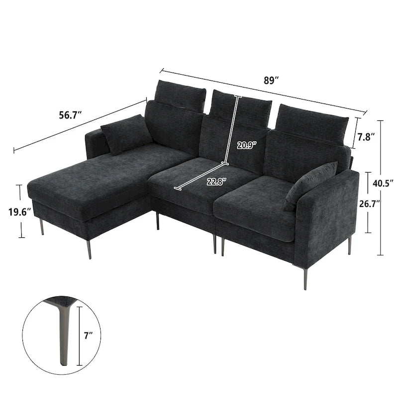 89  Chenille Sectional Sofa Couch With Extra Wide Chaise For Livingroom