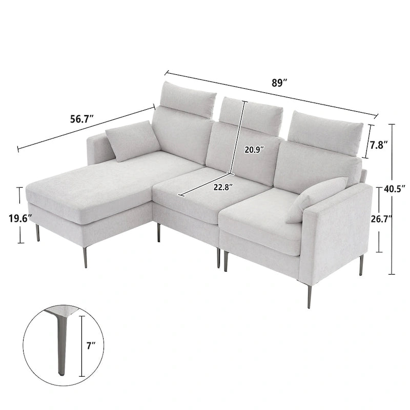 89  Chenille Sectional Sofa Couch With Extra Wide Chaise For Livingroom