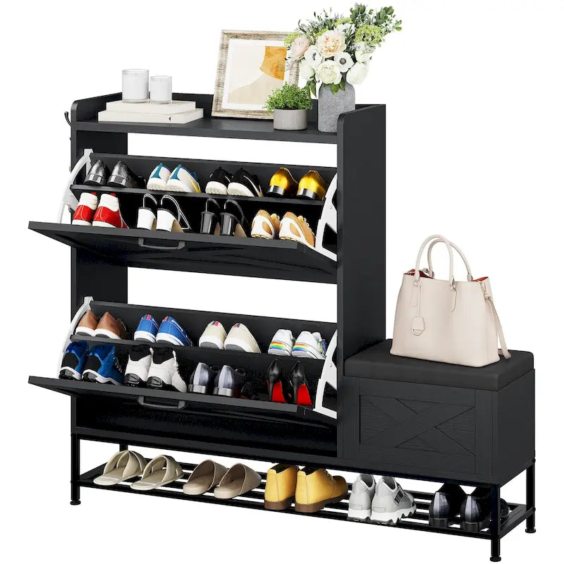 Farmhouse Shoe Storage Cabinet with Shoe Bench Entryway Shoe Storage with 2 Flip Drawers for 16 Pairs - 9.4W  x 47.1 L x 41.3 H