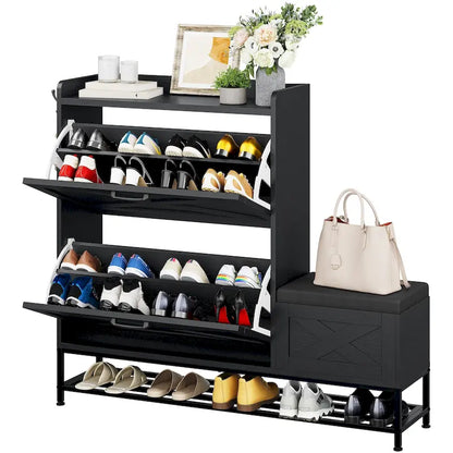 Farmhouse Shoe Storage Cabinet with Shoe Bench Entryway Shoe Storage with 2 Flip Drawers for 16 Pairs - 9.4W  x 47.1 L x 41.3 H