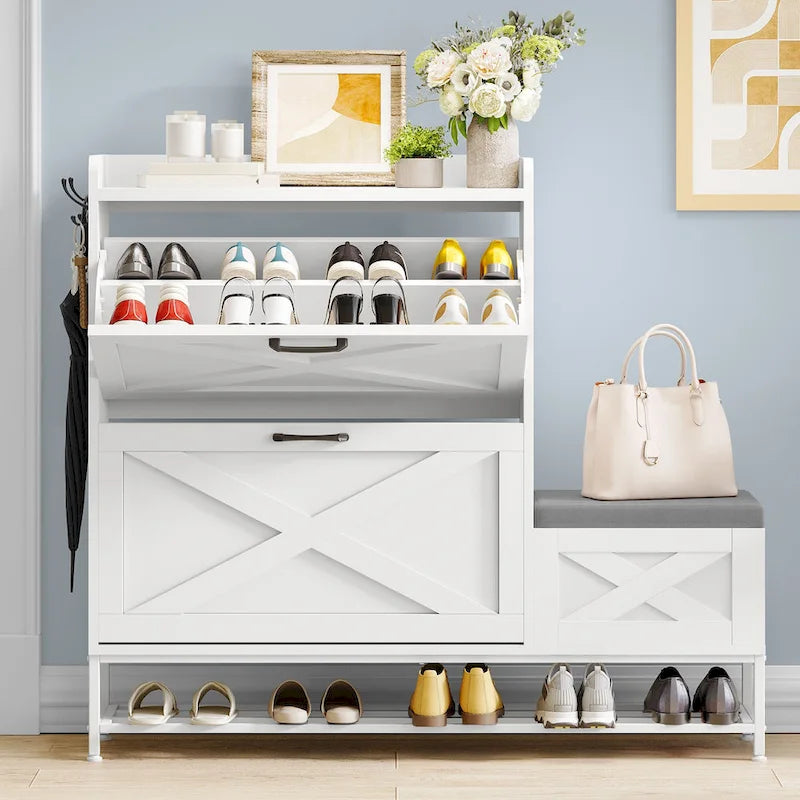 Farmhouse Shoe Storage Cabinet with Shoe Bench Entryway Shoe Storage with 2 Flip Drawers for 16 Pairs - 9.4W  x 47.1 L x 41.3 H