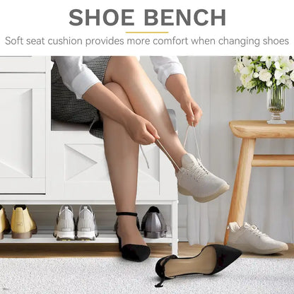 Farmhouse Shoe Storage Cabinet with Shoe Bench Entryway Shoe Storage with 2 Flip Drawers for 16 Pairs - 9.4W  x 47.1 L x 41.3 H