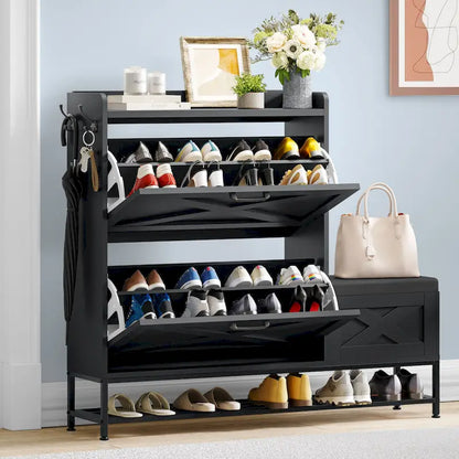 Farmhouse Shoe Storage Cabinet with Shoe Bench Entryway Shoe Storage with 2 Flip Drawers for 16 Pairs - 9.4W  x 47.1 L x 41.3 H