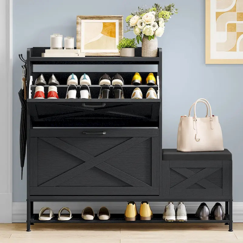 Farmhouse Shoe Storage Cabinet with Shoe Bench Entryway Shoe Storage with 2 Flip Drawers for 16 Pairs - 9.4W  x 47.1 L x 41.3 H