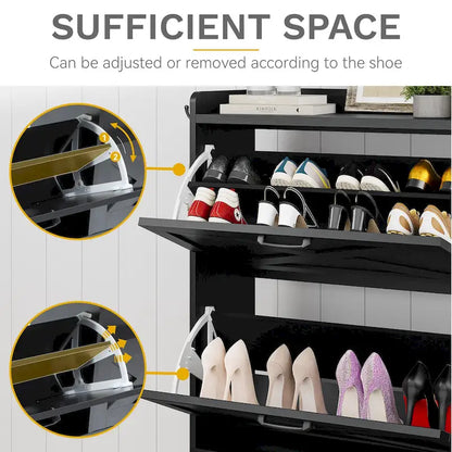 Farmhouse Shoe Storage Cabinet with Shoe Bench Entryway Shoe Storage with 2 Flip Drawers for 16 Pairs - 9.4W  x 47.1 L x 41.3 H