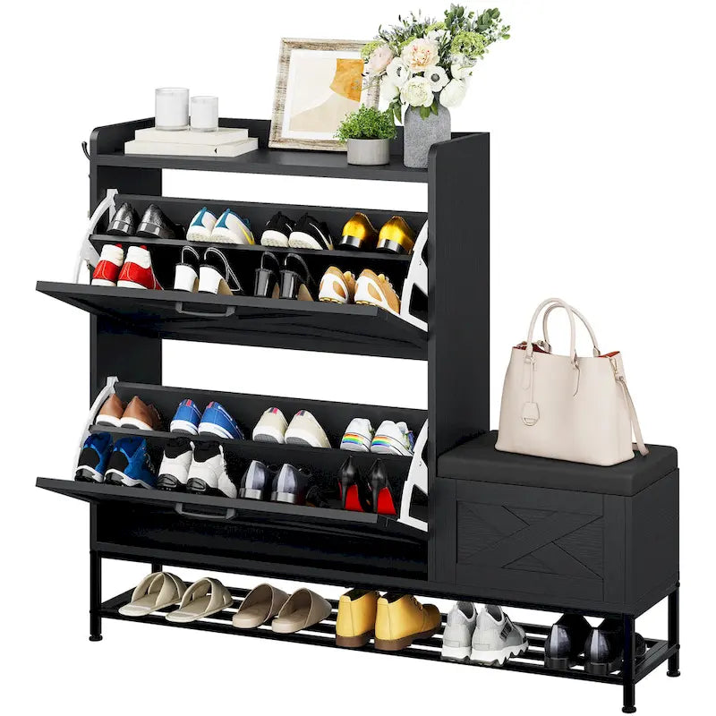 Farmhouse Shoe Storage Cabinet with Shoe Bench Entryway Shoe Storage with 2 Flip Drawers for 16 Pairs - 9.4W  x 47.1 L x 41.3 H