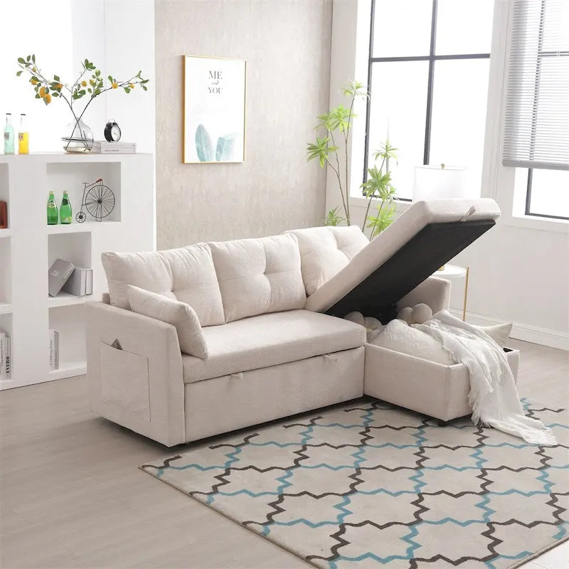 Divano Sezionale Modulare a L con Chaise Reversibile e Sedile Contenitore
