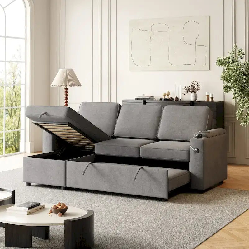 2 in 1 Pull Out Sofa Bed with Storage and Charging Port