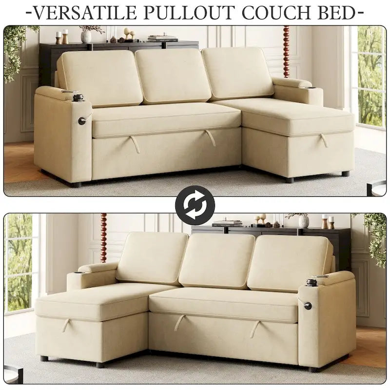 2 in 1 Pull Out Sofa Bed with Storage and Charging Port