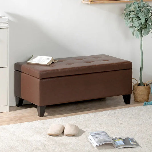 Storage Ottoman with Wooden Legs, Faux Leather Ottoman with Storage for Living Room, Bedroom & Hallway