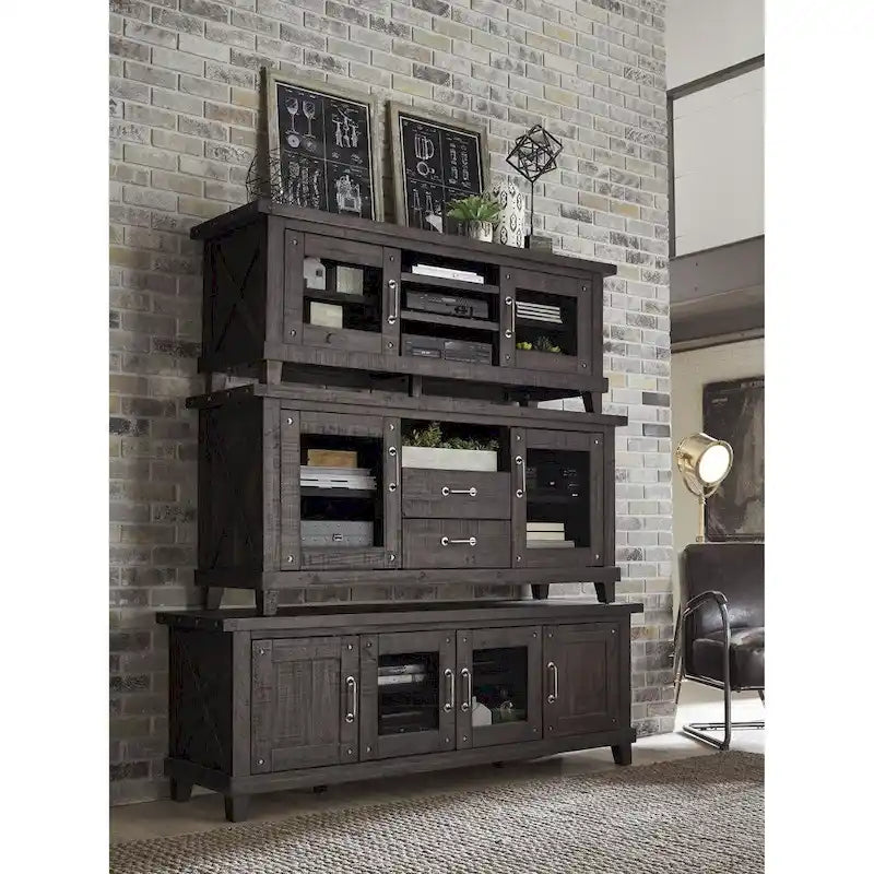 Three Open Shelves Entertainment Center with Exposed Bolts and Cross Bracing, Brown