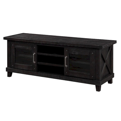 Three Open Shelves Entertainment Center with Exposed Bolts and Cross Bracing, Brown