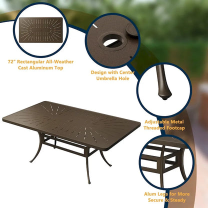 72 Cast Aluminum Rectangular Dining Table with Umbrella Hole