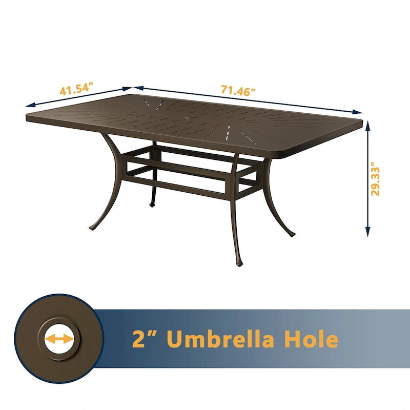 72 Cast Aluminum Rectangular Dining Table with Umbrella Hole