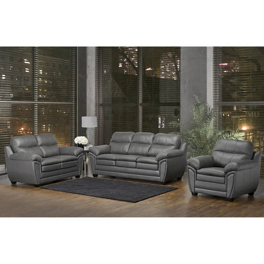 Marcus Premium Grey Top Grain Leather Sofa, Loveseat and Chair