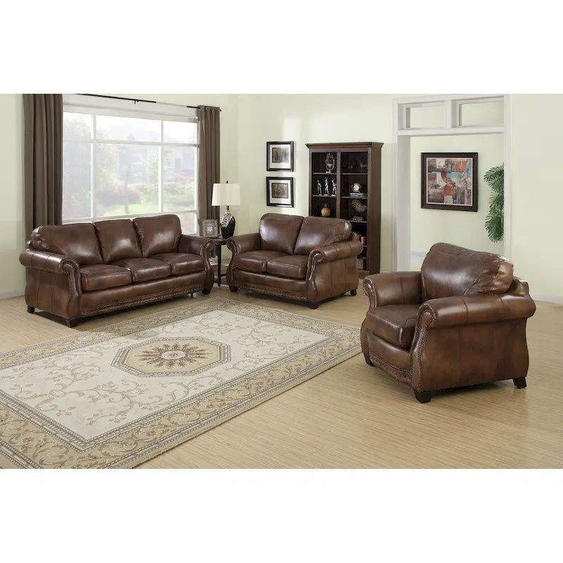 Sterling Cognac Brown Italian Leather Sofa, Loveseat and Chair Set