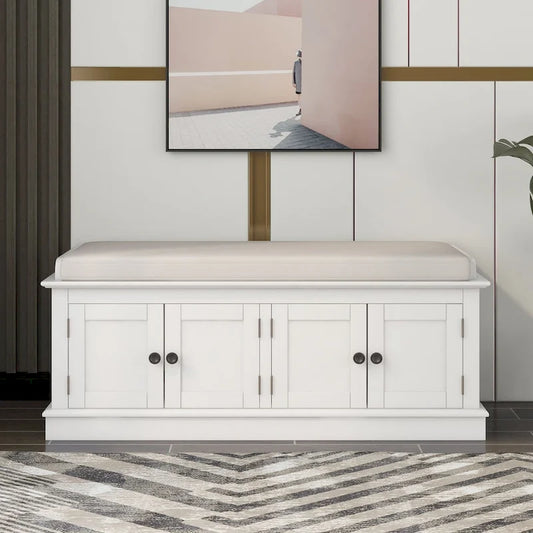 Storage Bench with 4 Doors and Adjustable Shelves, Shoe Bench with Removable Cushion