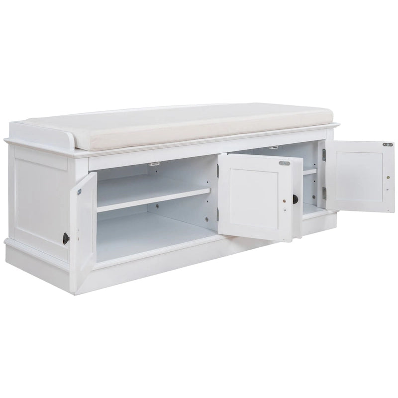 Storage Bench with 4 Doors and Adjustable Shelves, Shoe Bench with Removable Cushion