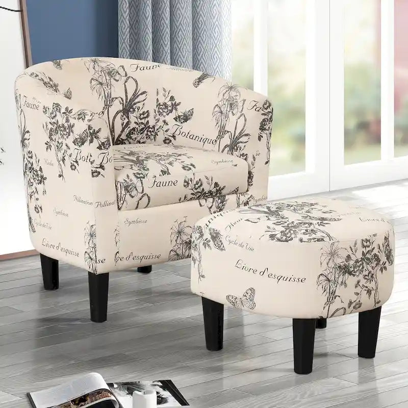 Classic Barrel Accent Chair Upholstered in Soft Polyester Fabric Footrest included