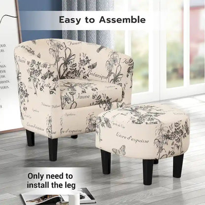 Classic Barrel Accent Chair Upholstered in Soft Polyester Fabric Footrest included
