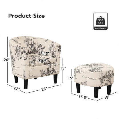 Classic Barrel Accent Chair Upholstered in Soft Polyester Fabric Footrest included