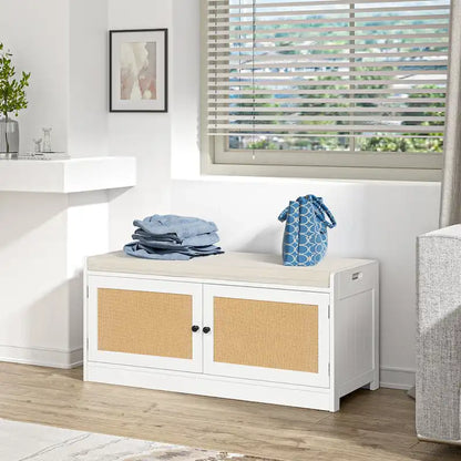 Anmytek White Shoe Storage Bench for Entryway with Cushion and Adjustable Shelves - 39.8  W x 15.7  D x 18  H