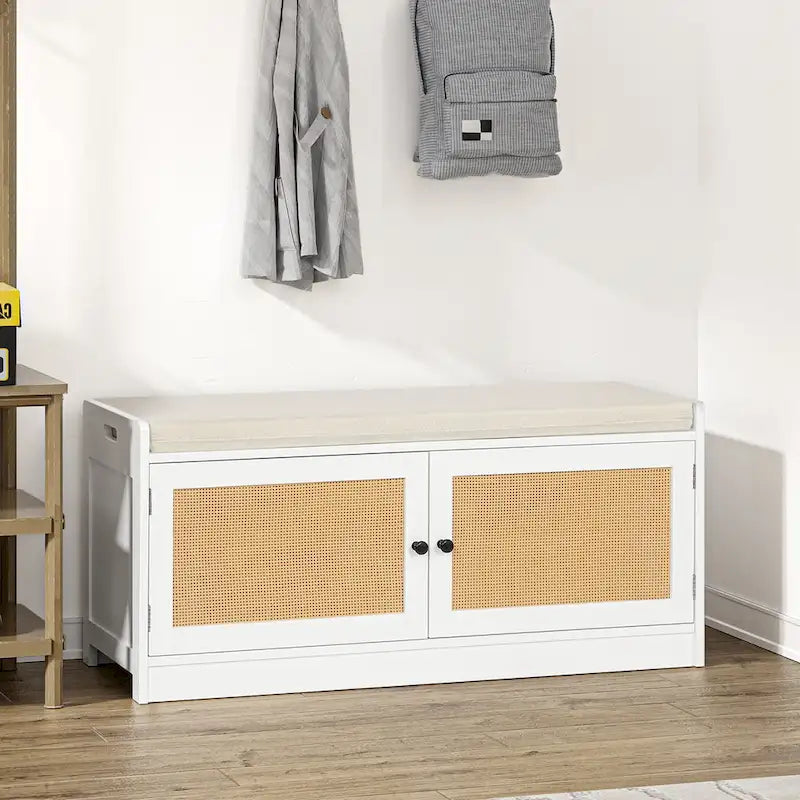 Anmytek White Shoe Storage Bench for Entryway with Cushion and Adjustable Shelves - 39.8  W x 15.7  D x 18  H