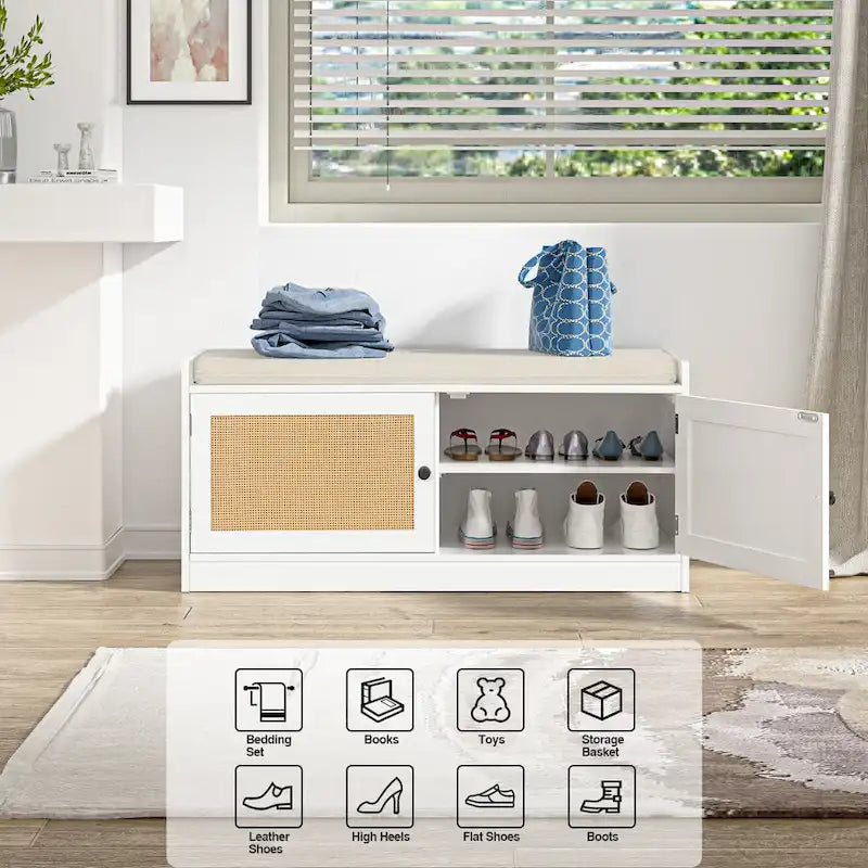 Anmytek White Shoe Storage Bench for Entryway with Cushion and Adjustable Shelves - 39.8  W x 15.7  D x 18  H