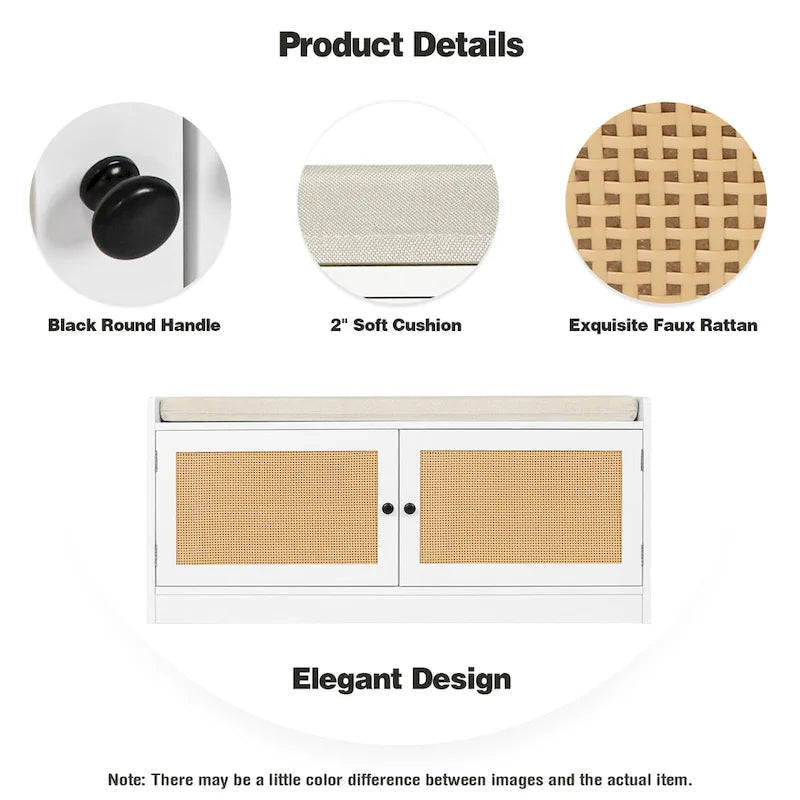 Anmytek White Shoe Storage Bench for Entryway with Cushion and Adjustable Shelves - 39.8  W x 15.7  D x 18  H