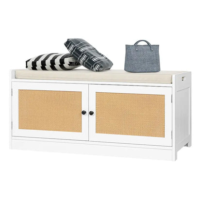 Anmytek White Shoe Storage Bench for Entryway with Cushion and Adjustable Shelves - 39.8  W x 15.7  D x 18  H