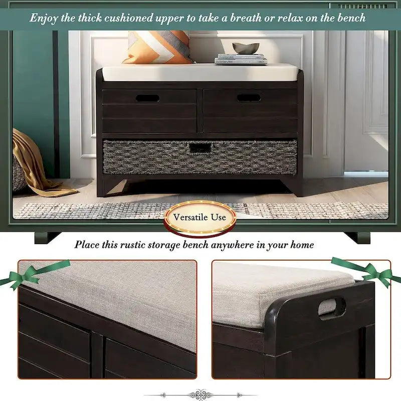 3-drawer Solid Wooden Storage Bench