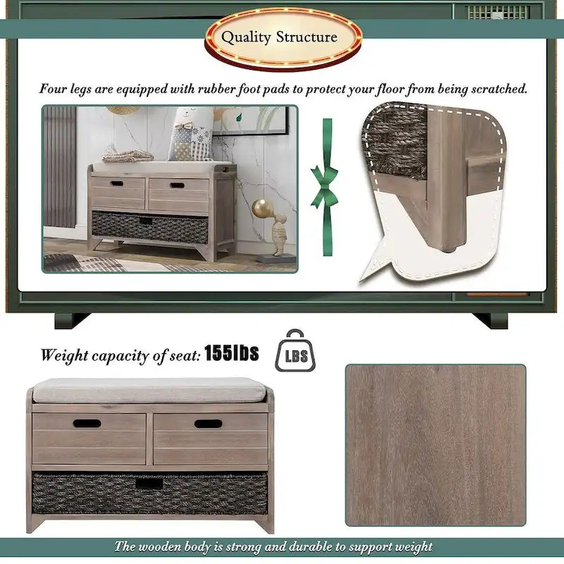 3-drawer Solid Wooden Storage Bench