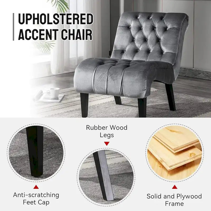 Velvet Armless Accent Chair, Button Tufted Slipper Chair, Side Chair, Lounge Chair