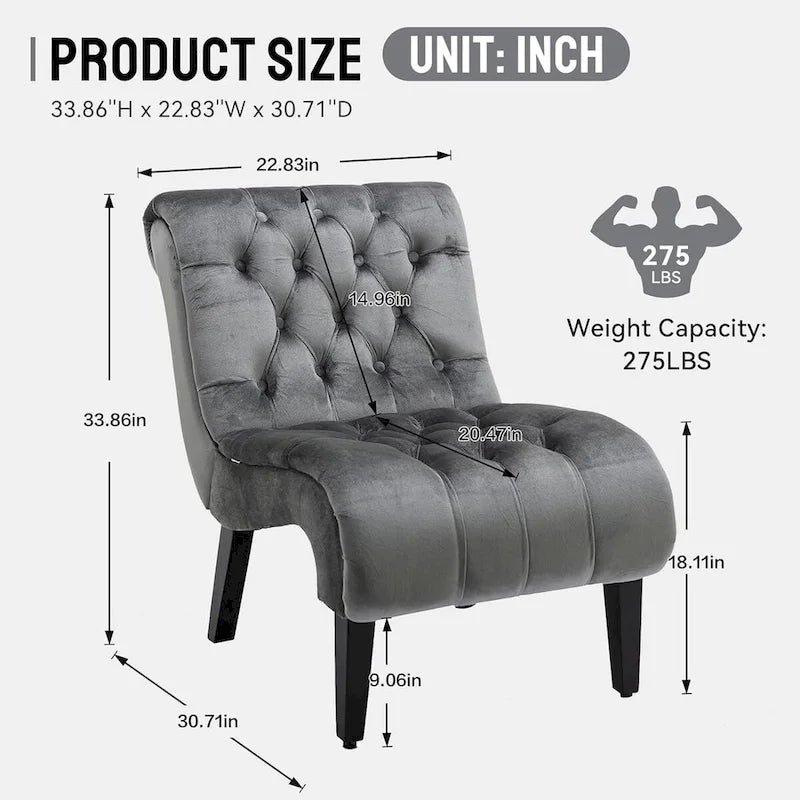 Velvet Armless Accent Chair, Button Tufted Slipper Chair, Side Chair, Lounge Chair