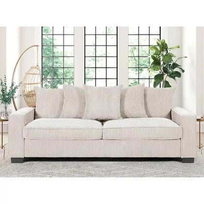 Luxe Living Room Sofa with 5 Complementary Toss Pillows Soft Corduroy Upholstery Streamlined Large