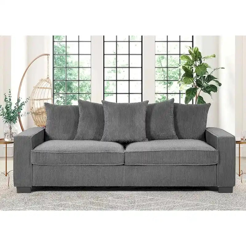 Luxe Living Room Sofa with 5 Complementary Toss Pillows Soft Corduroy Upholstery Streamlined Large