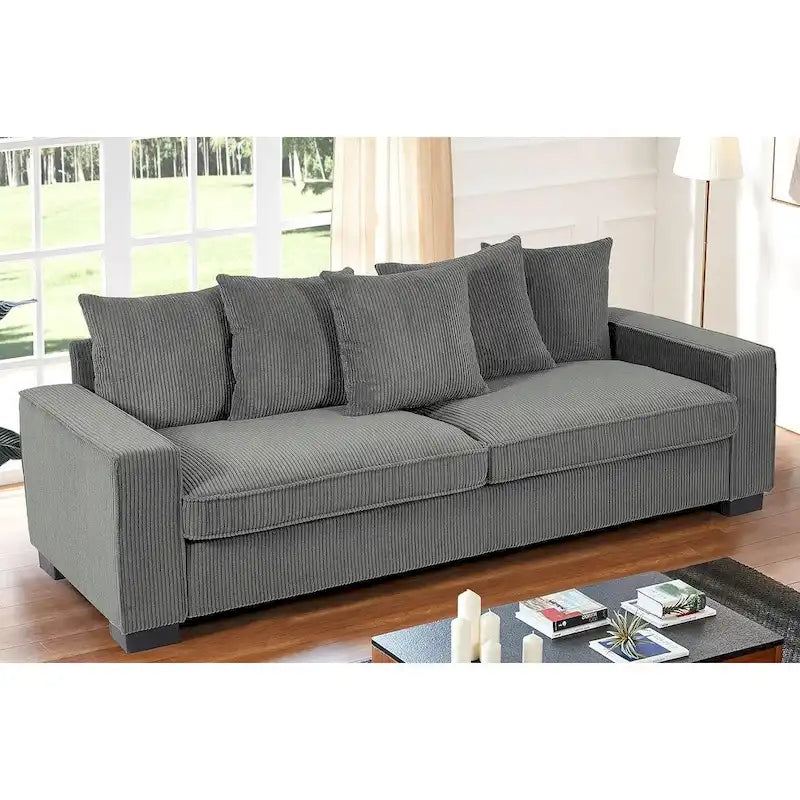 Luxe Living Room Sofa with 5 Complementary Toss Pillows Soft Corduroy Upholstery Streamlined Large