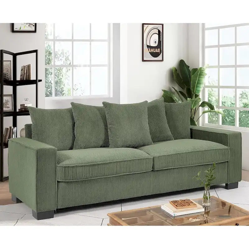 Luxe Living Room Sofa with 5 Complementary Toss Pillows Soft Corduroy Upholstery Streamlined Large