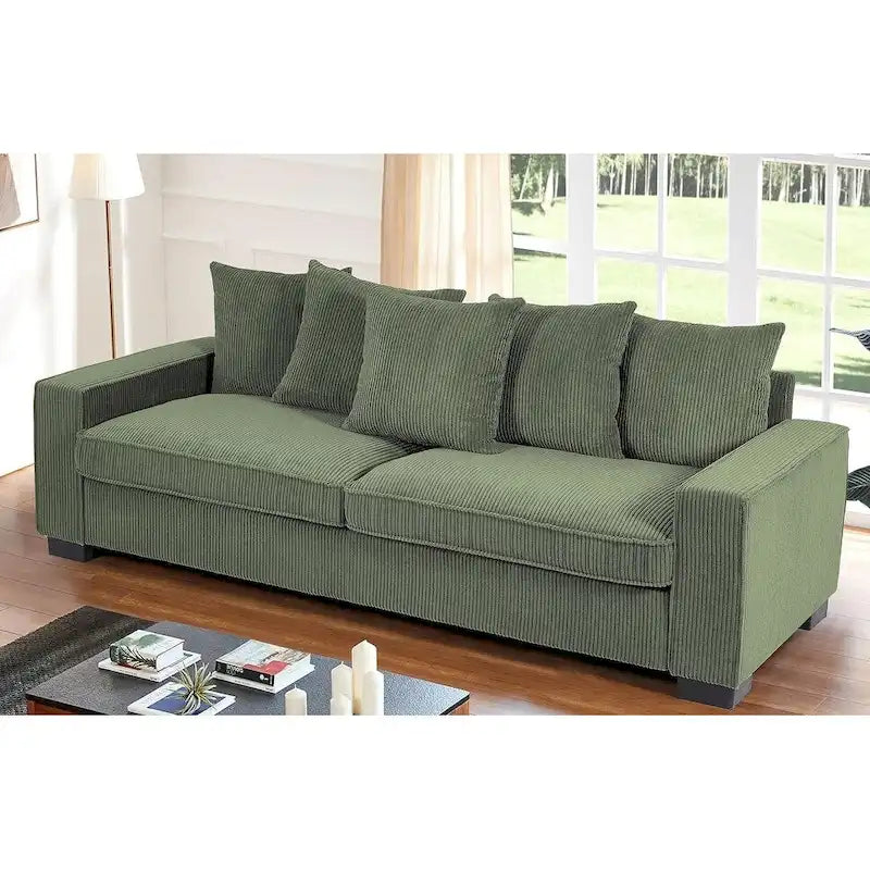 Luxe Living Room Sofa with 5 Complementary Toss Pillows Soft Corduroy Upholstery Streamlined Large